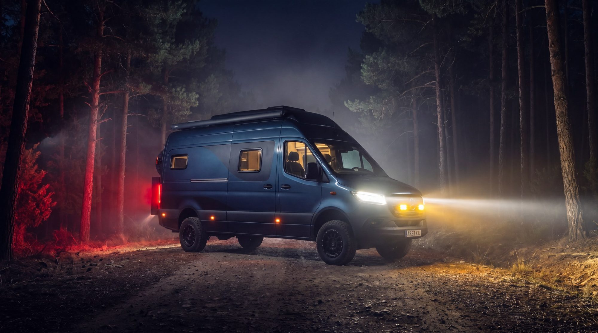 Sprinter W907 in a forest at night